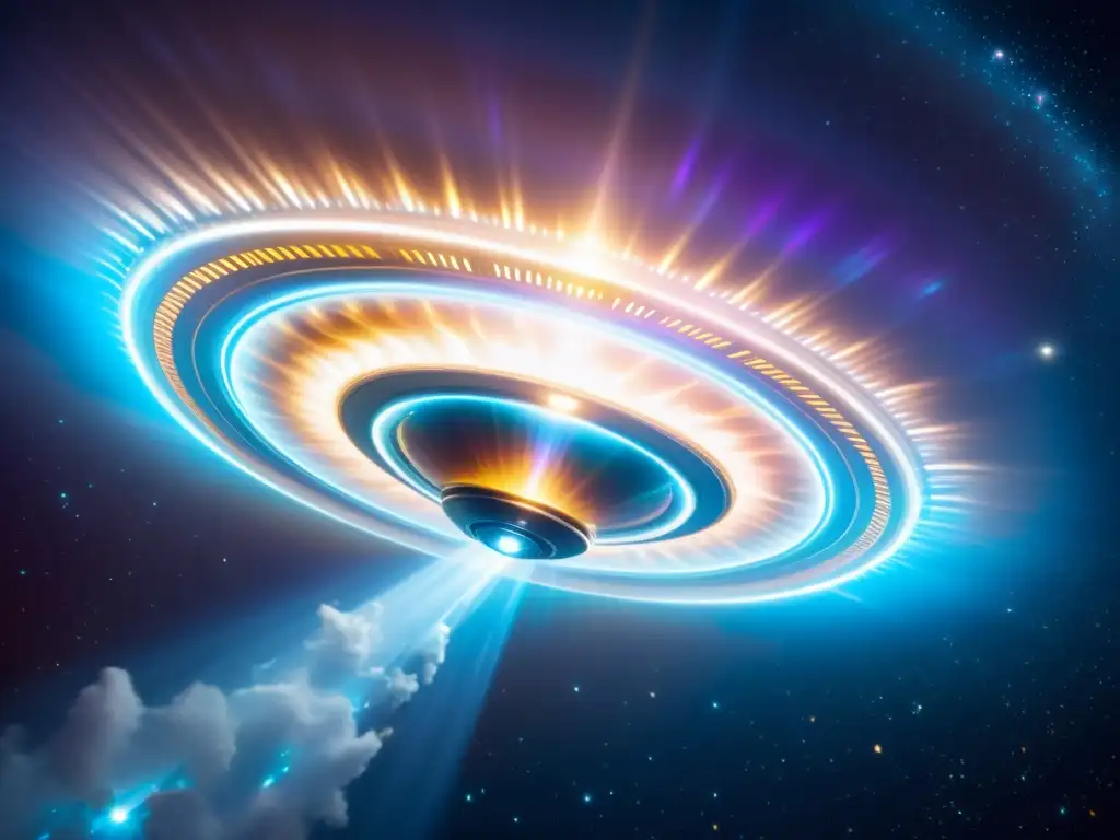 Portal cósmico: Nave futurista y luces iridiscentes Una nave espacial futurista sobre un portal vibrante con destellos iridiscentes, sugiriendo viajes interdimensionales universos paralelos
