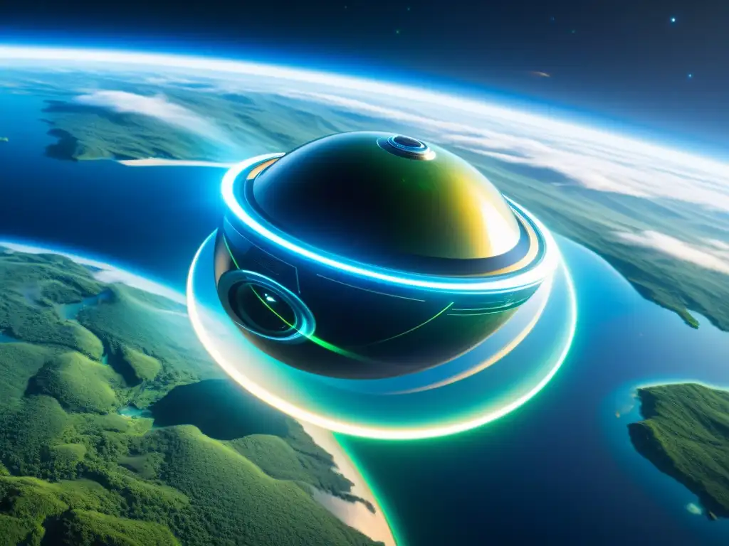 Espacio ultradetallado: Nave futurista en órbita terrestre Una nave espacial futurista con tecnología antigravedad se eleva sobre la Tierra, rodeada de energía, mostrando la clave movilidad dimensional