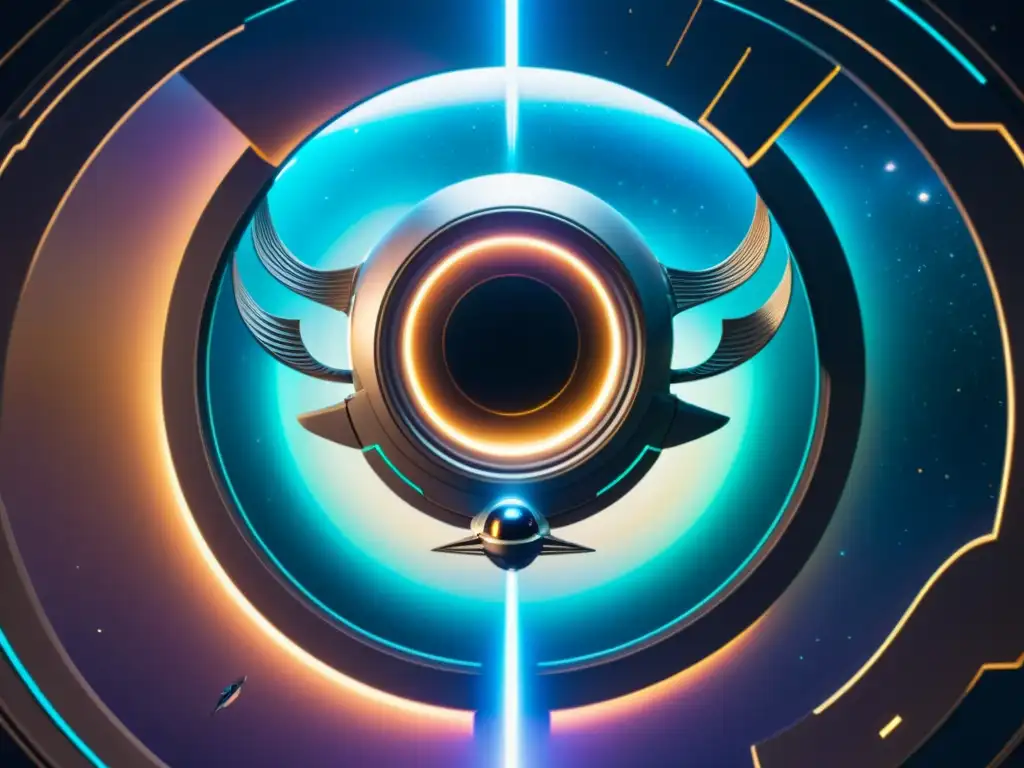 Portal interdimensional: Nave futurista en 8k Una nave espacial futurista con tecnología avanzada para explorar el multiverso, flotando sobre un portal iridiscente y energía resplandeciente