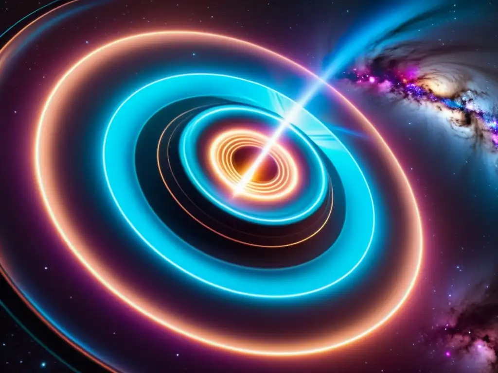 Espacio interdimensional: nave futurista en un portal de energía Una nave espacial futurista trasciende a través de un portal interdimensional, rodeada de energía y luz