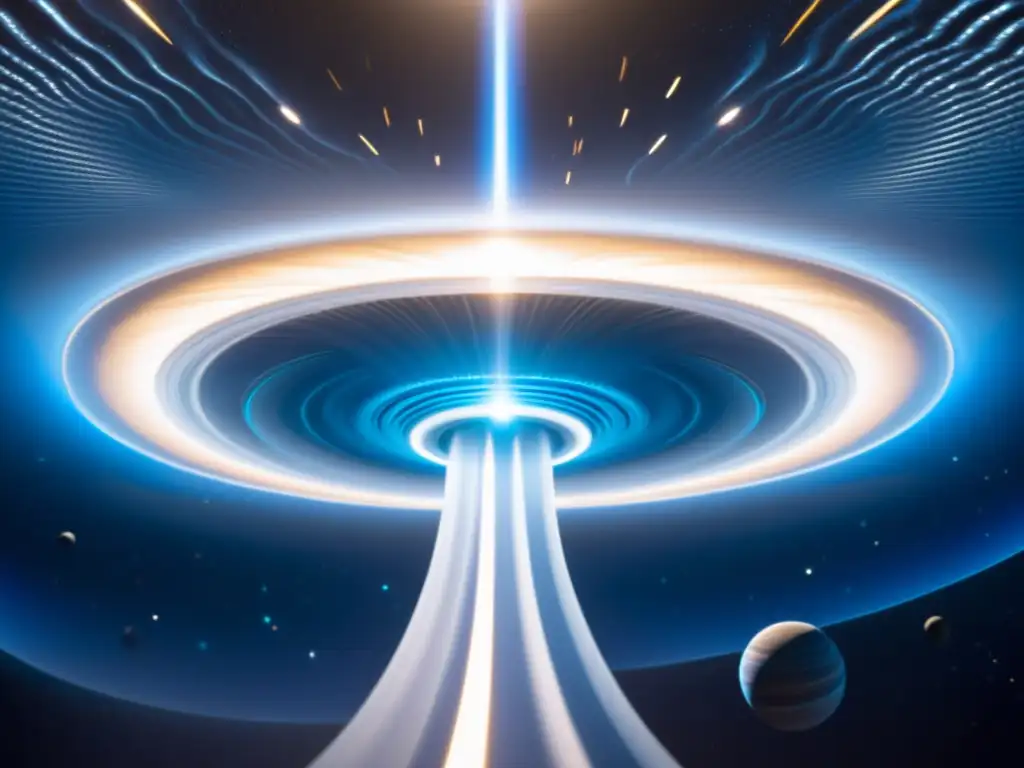 Una nave espacial futurista con propulsión warp para explorar universos paralelos, flotando sobre un remolino de energía cósmica
