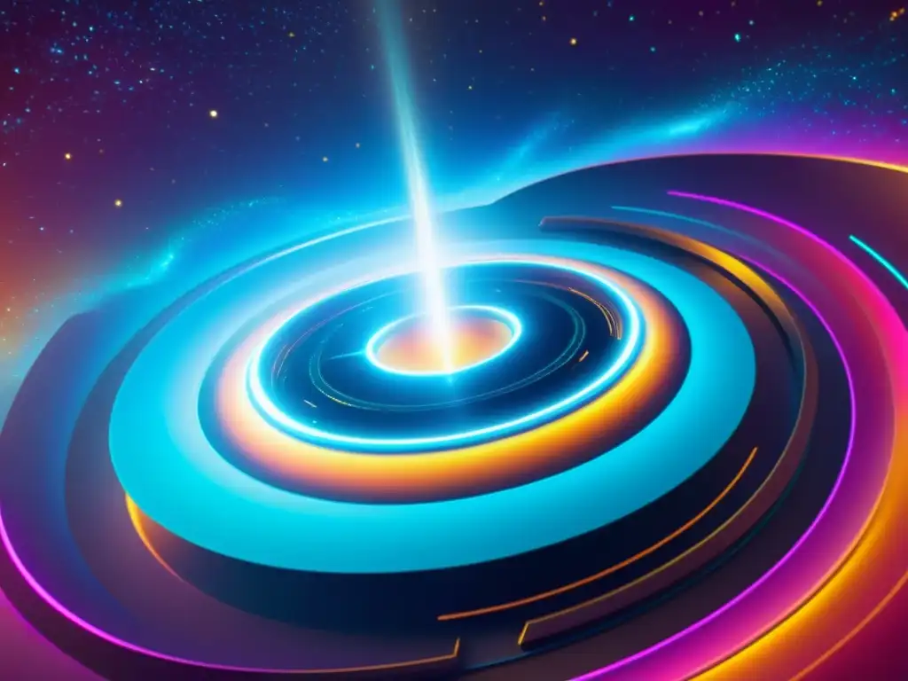 Viaje interdimensional en el universo de Firefly Una nave espacial futurista surca un vibrante agujero de gusano, evocando viajes interdimensionales en Firefly