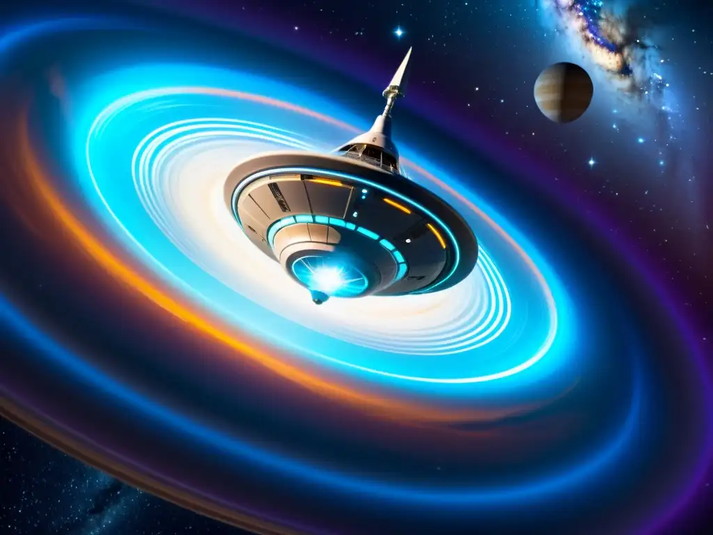 Una nave espacial futurista sobre un vórtice de energía colorida, con galaxias distantes y estrellas brillantes al fondo