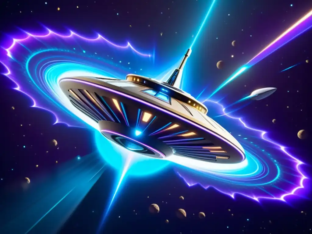 Galaxia enigmática: Nave espacial rodeada de portales interdimensionales Una nave espacial imponente y elegante flota en el espacio profundo, rodeada de portales interdimensionales azules y morados