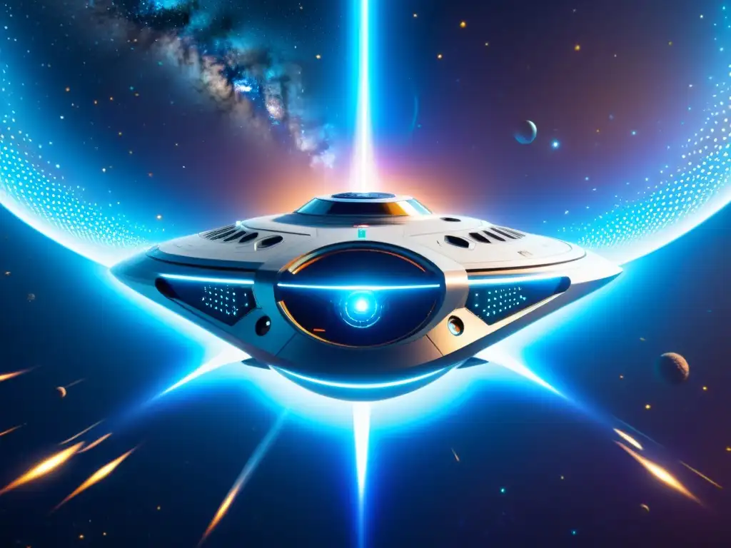 Navío interdimensional: Tecnología futurista y energía vibrante Una nave espacial interdimensional futurista y detallada con motores cuánticos azules, rodeada de energía vibrante y estrellas