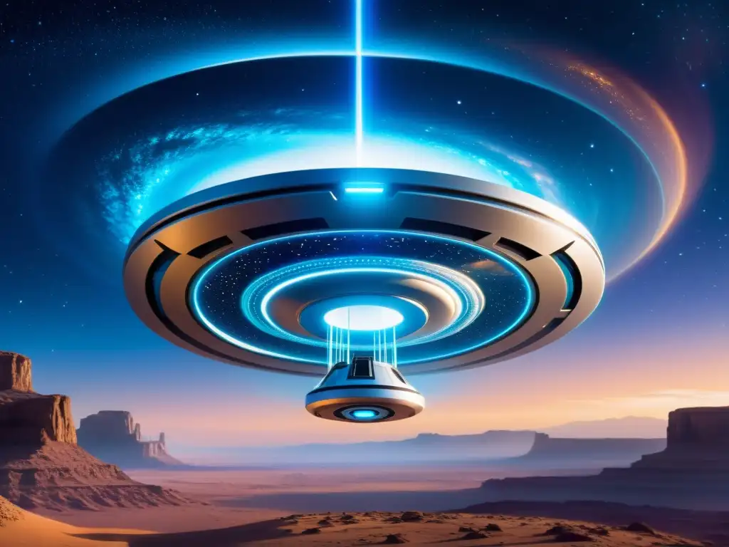 Nave espacial futurista lista para viaje interdimensional Una nave futurista con tecnología de fusión fría surca un vórtice de energía, lista para viajar a otras dimensiones