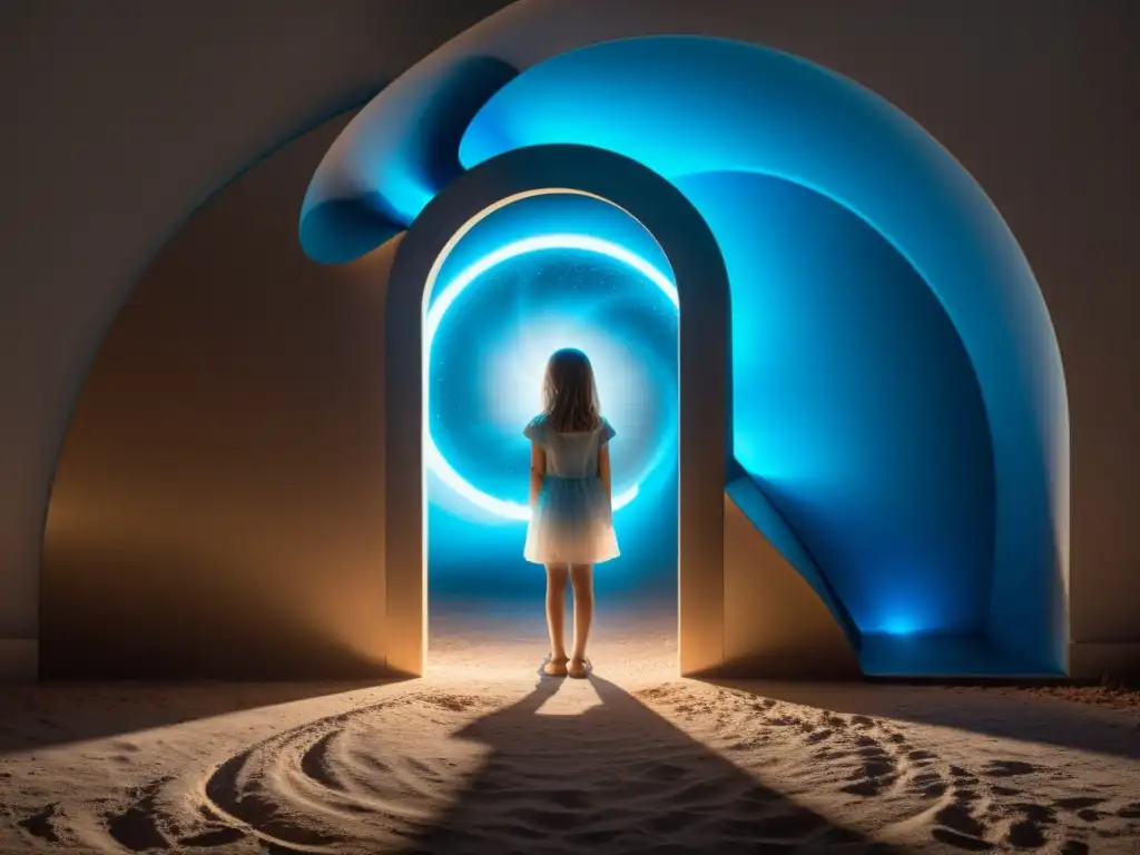 Portal de maravillas: la decisión de la niña Una niña se para en el umbral de un portal misterioso entre dos realidades, mostrando asombro, temor y determinación