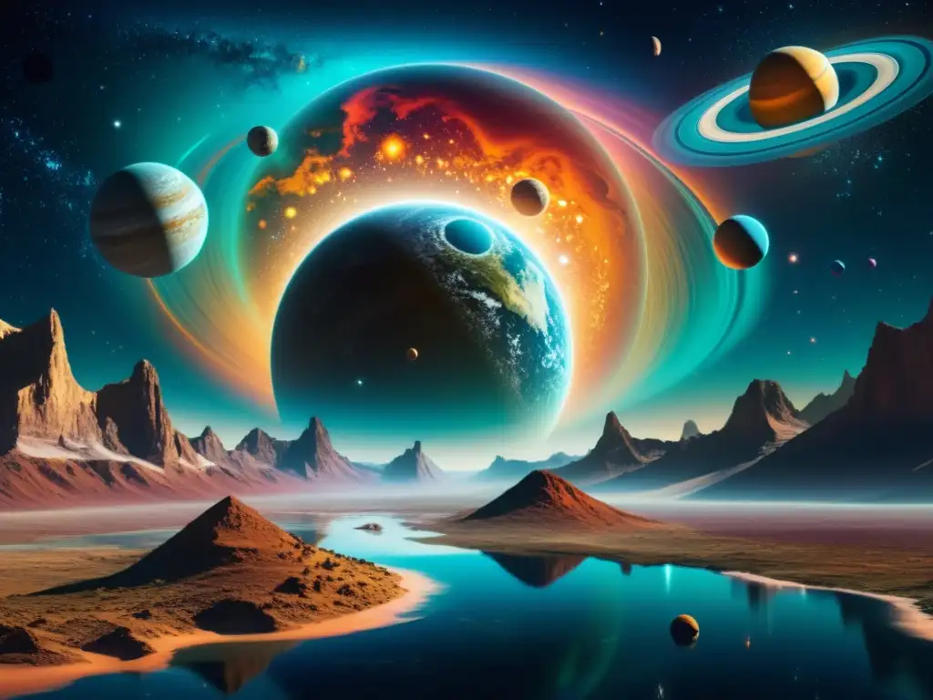 Obra digital de paisaje cósmico con múltiples universos paralelos, evocando la Teoría de Cuerdas Realidades Alternativas