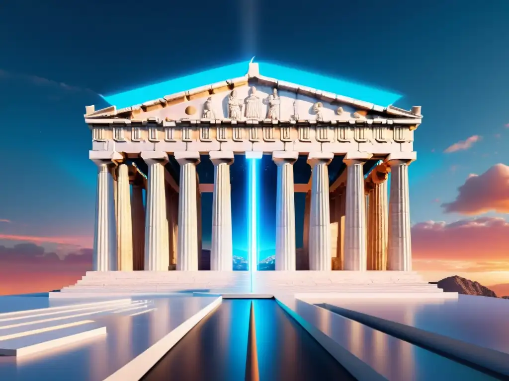 Parthenon Futurista: Universos Alternos Obra digital surrealista que fusiona arquitectura griega con tecnología futurista, emitiendo una atmósfera de poder y sabiduría