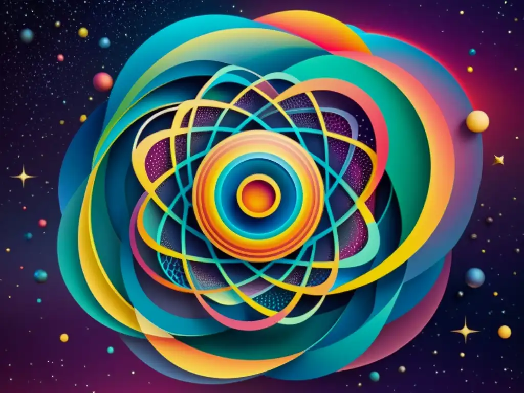 Universo interconectado: arte surrealista y cosmología cíclica de Penrose Obra surrealista con geometría cíclica conforme multiverso, conectando dimensiones y patrones cósmicos en una explosión de colores