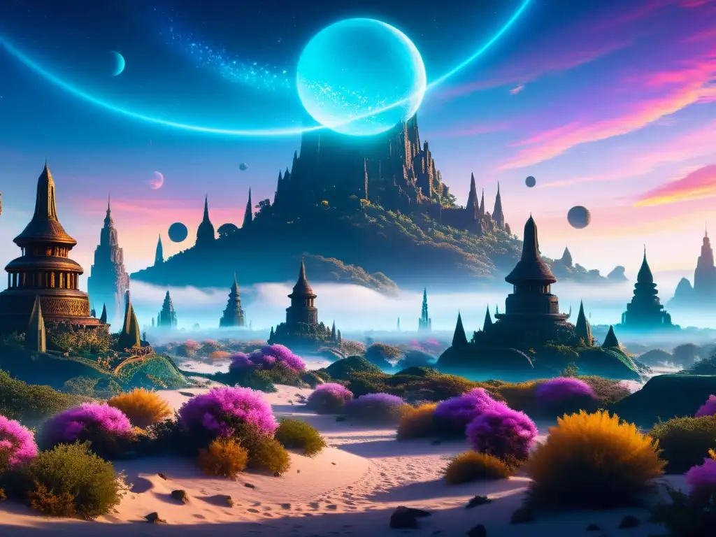 Misterioso paisaje alienígena con estructuras y símbolos brillantes Un paisaje alienígena con artefactos de civilizaciones interdimensionales, flora misteriosa y cielos vibrantes
