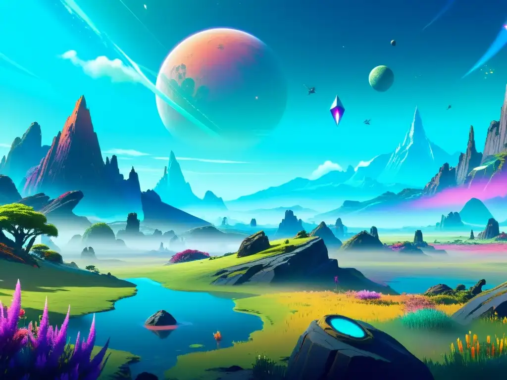 Espectacular paisaje alienígena en 8k de No Man's Sky Un paisaje alienígena expansivo y detallado en No Man's Sky, con flora y fauna vibrante, formaciones rocosas imponentes y un cielo colorido