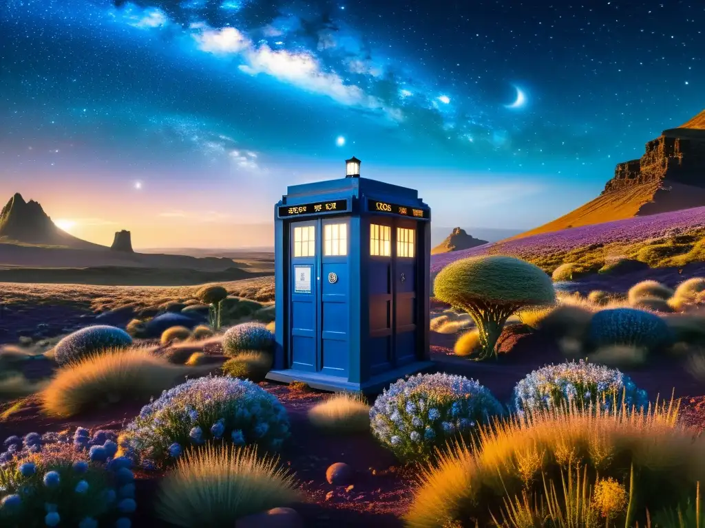 Deslumbrante TARDIS en paisaje alienígena 8k La TARDIS materializándose en un paisaje alienígena con galaxias, flora y fauna vibrante