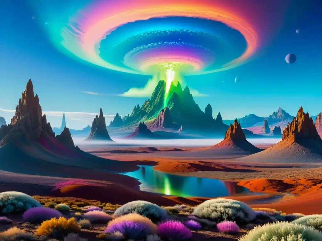 Universo Fantástico: Paisaje Alienígena y Portales Dimensionales Un paisaje cósmico hipnotizante, con estructuras cristalinas, flora y fauna alienígena, y portales hacia universos paralelos
