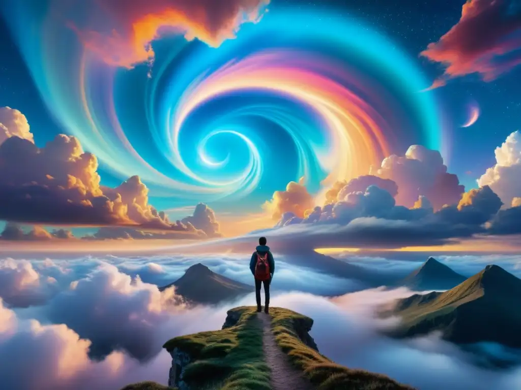 Horizonte de portales: explorando realidades paralelas Un paisaje etéreo de nubes iridiscentes y portales vibrantes, revelando la identidad humana en universos paralelos