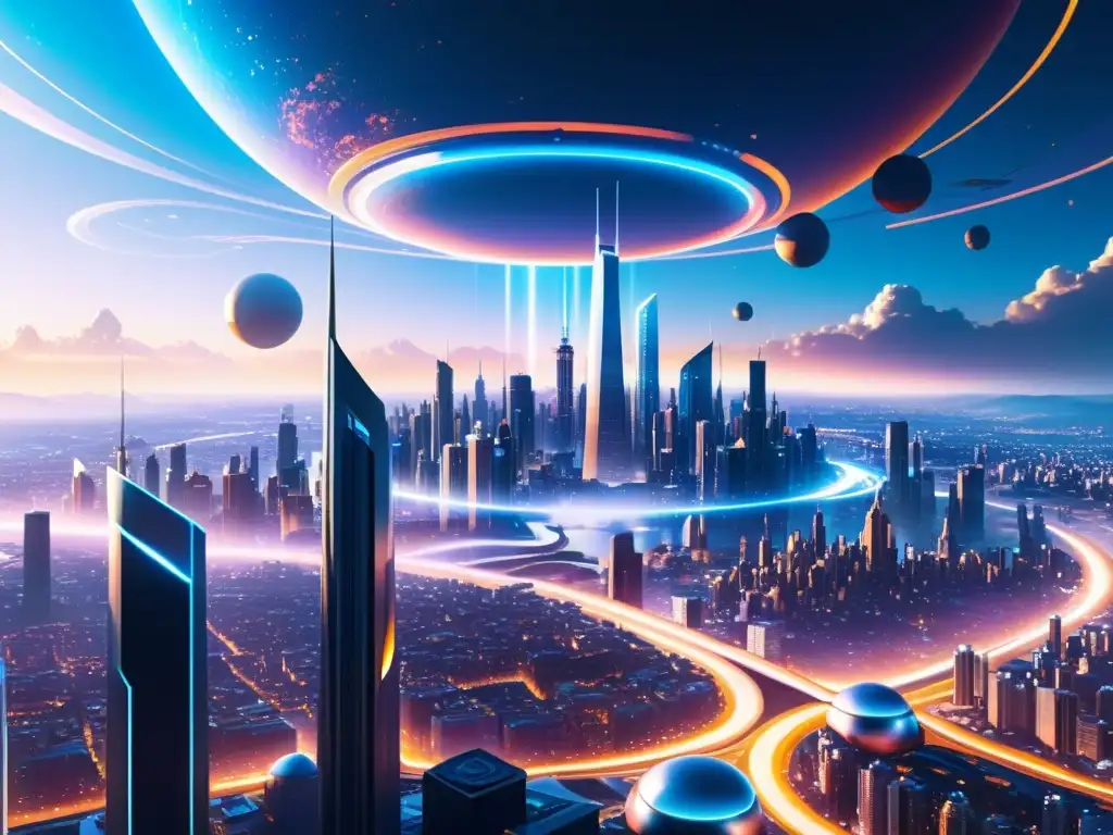 Un paisaje interdimensional futurista con estructuras gravitatorias y portales, bañado en una luz etérea