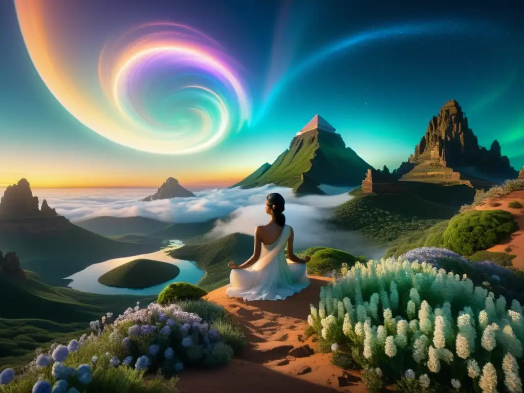 Exploración espiritual en un paisaje iridiscente Un paisaje de otro mundo con cielos iridiscentes y flora luminescente, donde múltiples versiones del protagonista se dedican a diversas actividades, transmitiendo el concepto de vidas paralelas y viajes espirituales de manera visualmente cautivadora