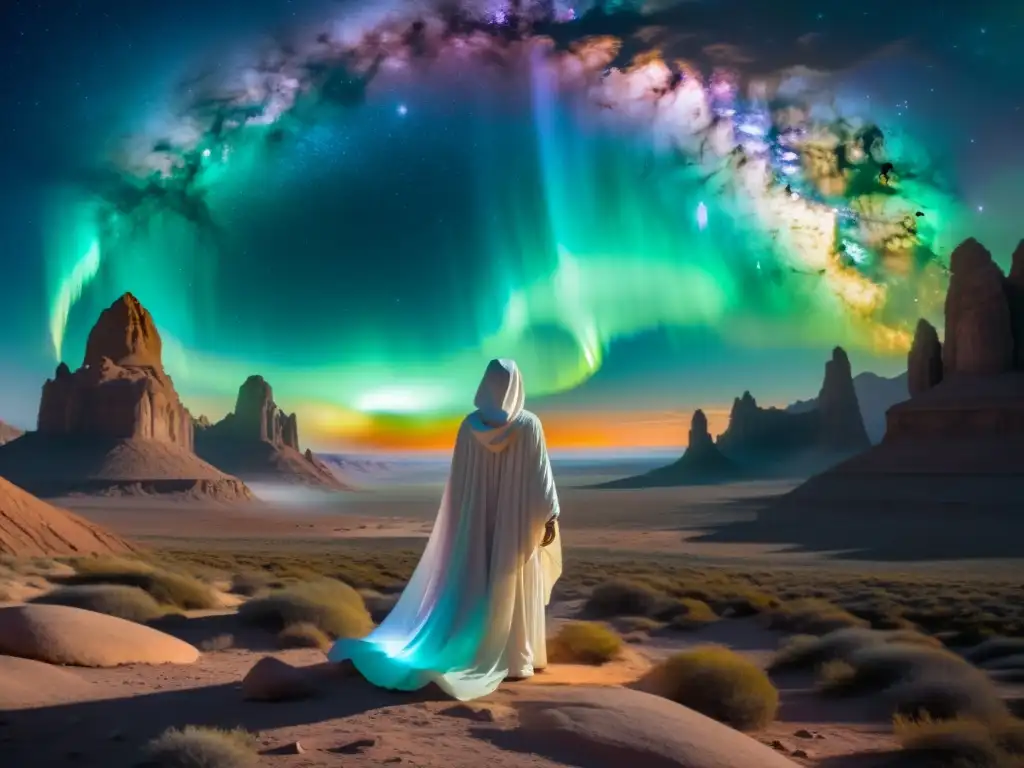 Portal iridiscente en paisaje alienígena con figura misteriosa Un paisaje otro mundo con un portal iridiscente entre formaciones rocosas cristalinas