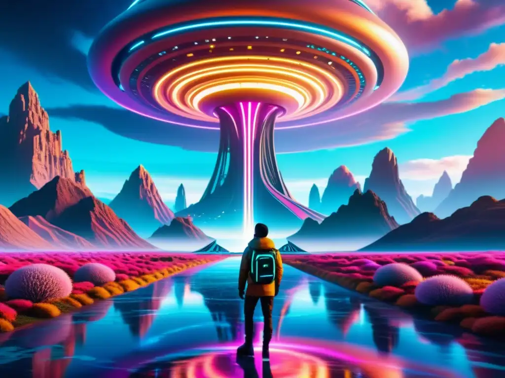 Vibrante paisaje virtual futurista en 8k Un paisaje sonoro de realidad virtual futurista con estructuras alienígenas, senderos de neón y un cielo hipnótico de colores y patrones