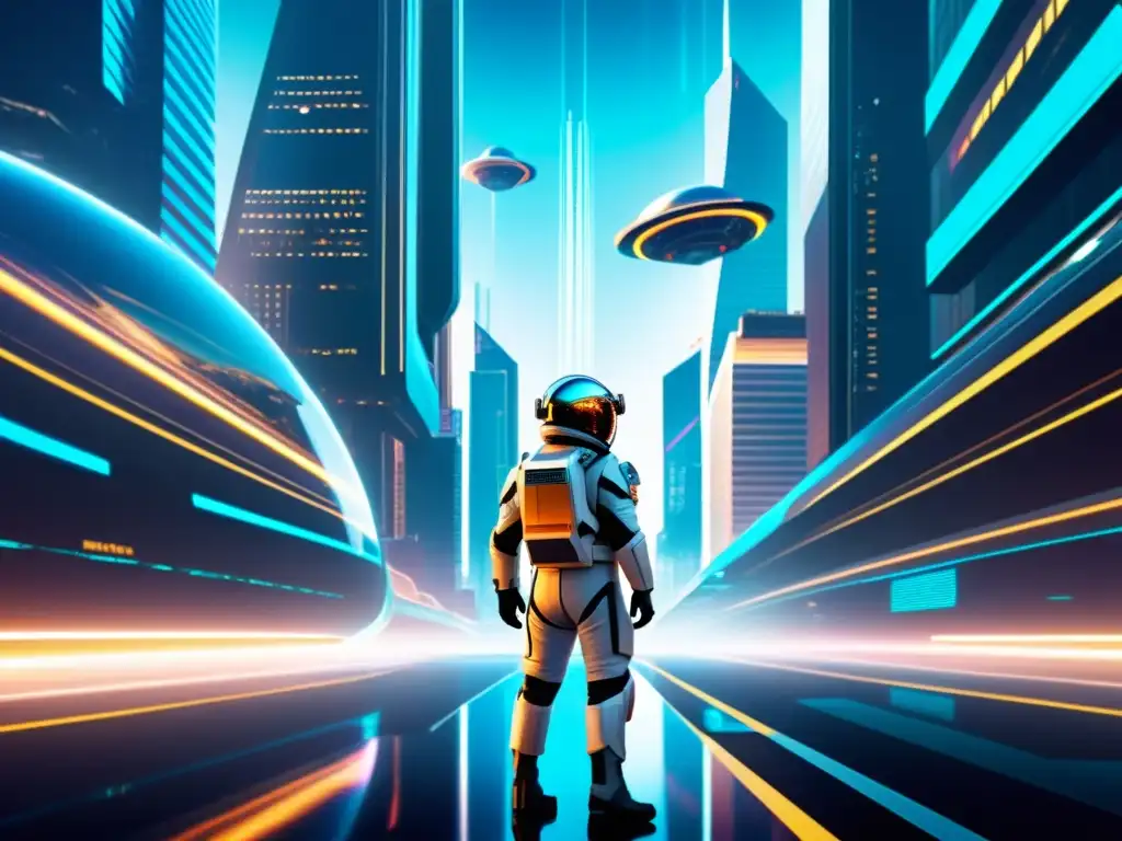 Metrópolis futurista: portales interdimensionales y aventura Un paisaje urbano bullicioso de rascacielos imponentes y vehículos futuristas, con portales brillantes que revelan dimensiones alternas