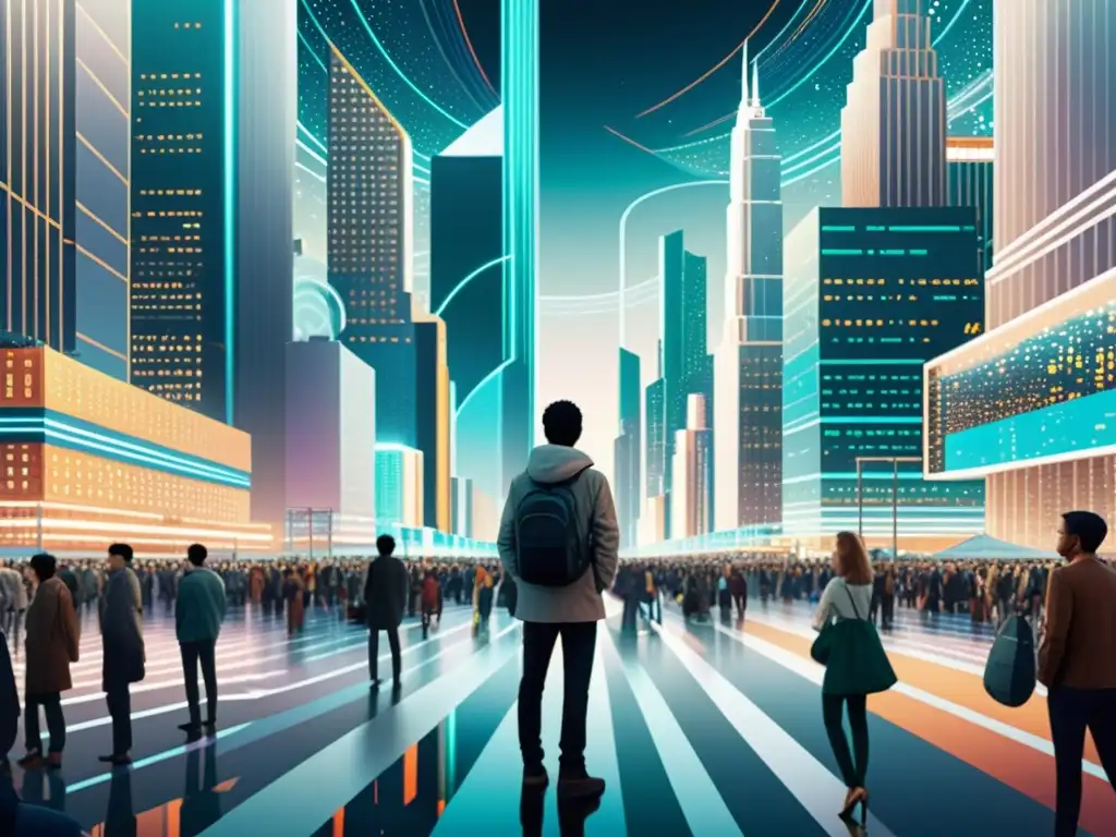 Un paisaje urbano digital con universos paralelos en 'Paranoia Agent', retratando una metrópolis bulliciosa y figuras misteriosas