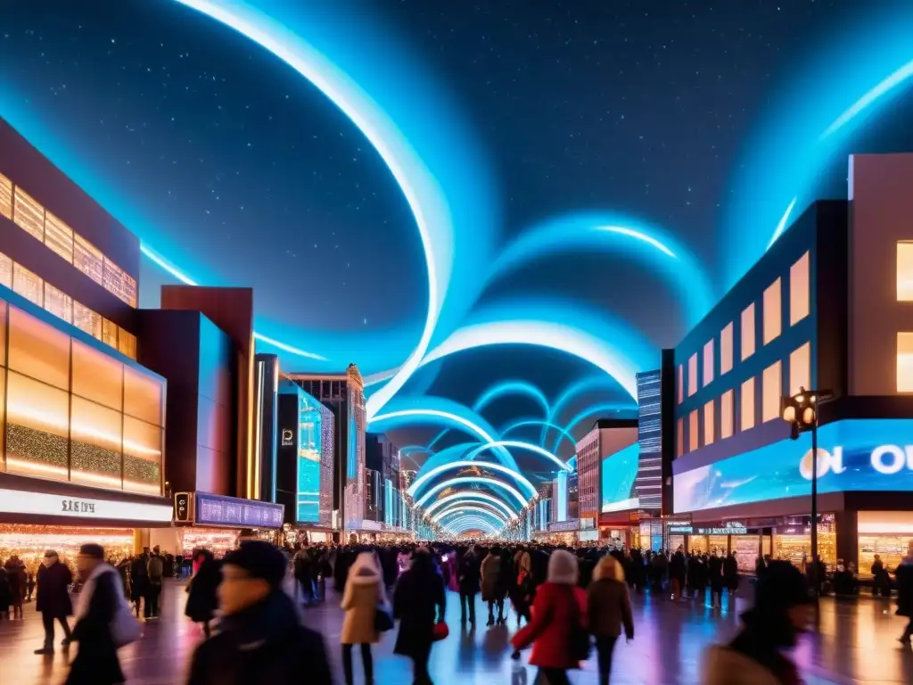 Vórtice Temporal: Ciudad Futurista en Navidad Un paisaje urbano futurista con decoraciones holográficas navideñas y un vórtice temporal crea una escena mágica y repetitiva