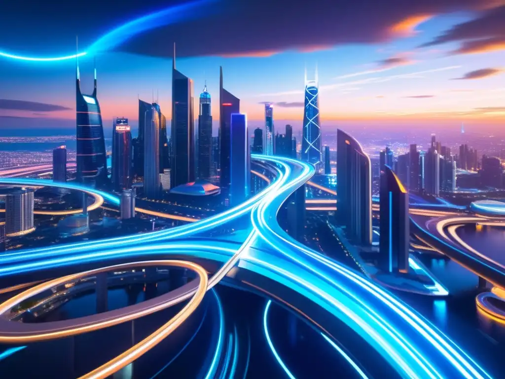 Un paisaje urbano futurista con rascacielos imponentes, luces de neón y una energía temporal, junto a un personaje misterioso