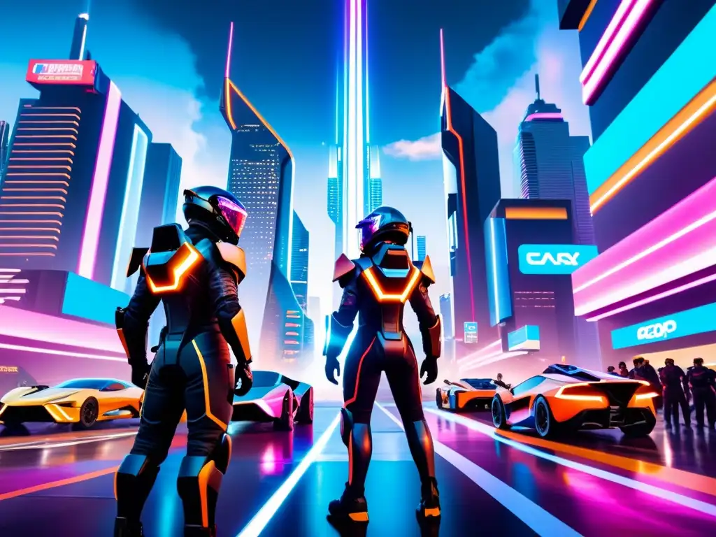 Guardianes del tiempo: Futurista ciudad interdimensional Un paisaje urbano futurista con rascacielos imponentes, luces neón y anuncios holográficos