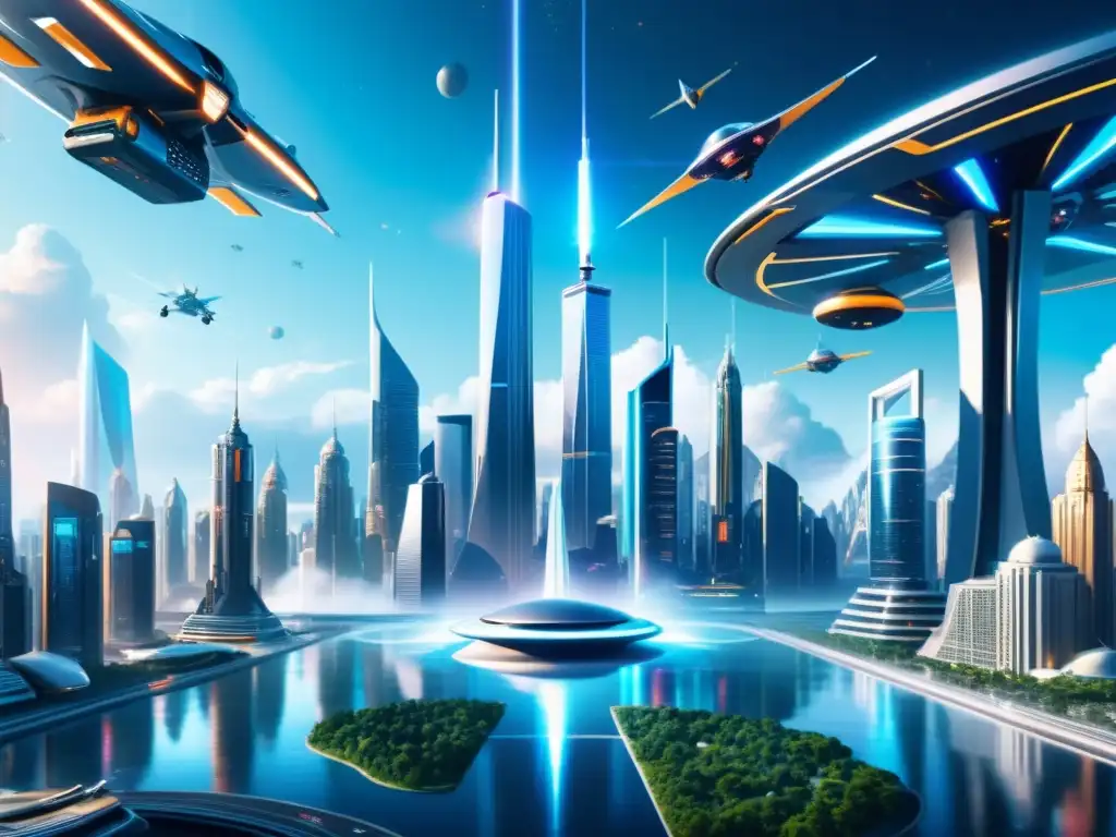 Interdimensional City: Exploradores y Portales Futuristas Un paisaje urbano futurista en 8k con rascacielos, vehículos voladores y portales a otras dimensiones