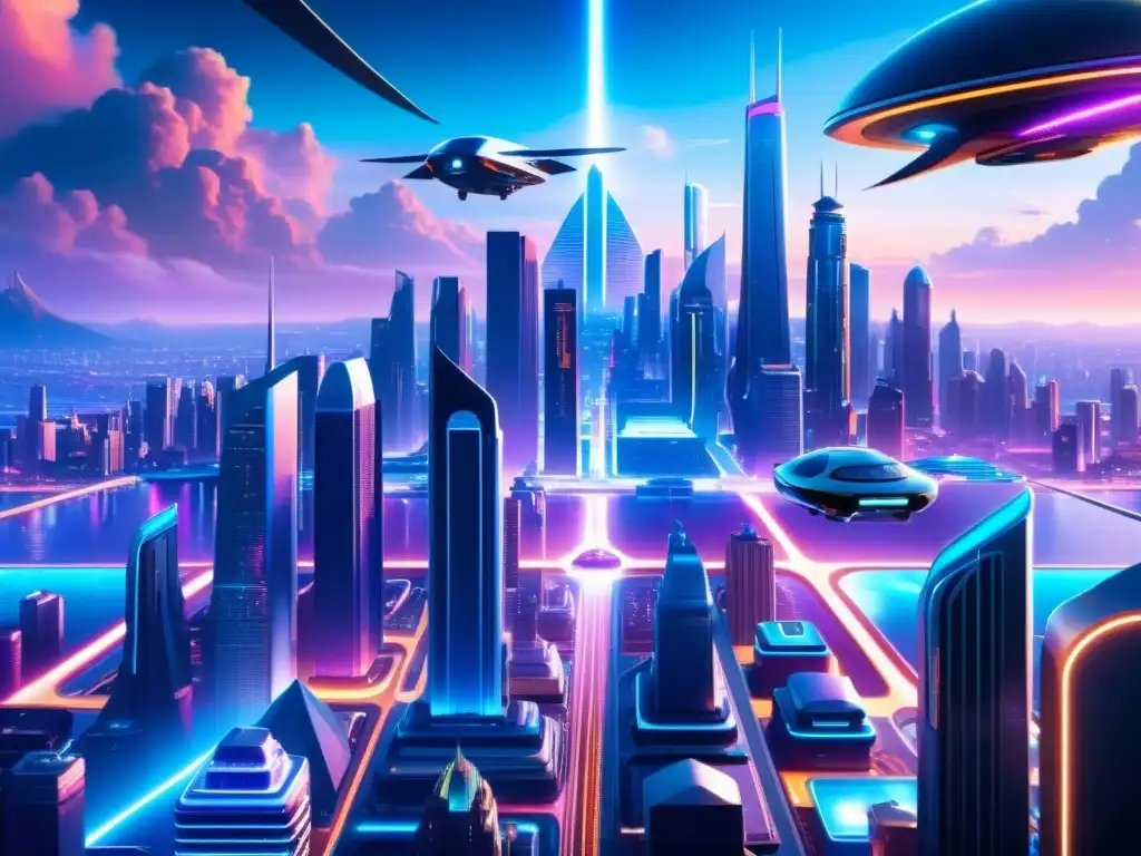 Metrópolis futurista: maravilla alienígena en 8k Un paisaje urbano futurista con rascacielos, autos voladores y tecnología avanzada, similar a las dimensiones en Rick y Morty