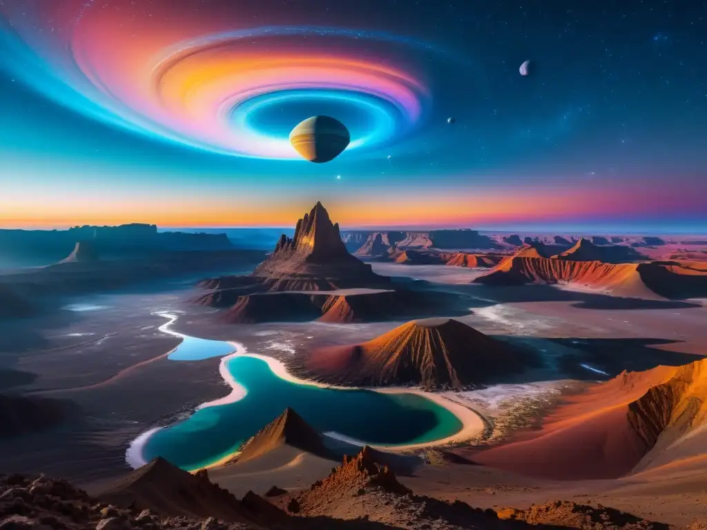 Dimensiones Paralelas: Paisaje Alienígena de Cristales y Rifts Un paisaje vasto y otro mundo con estructuras cristalinas, un cielo de colores y dimensiones alternas