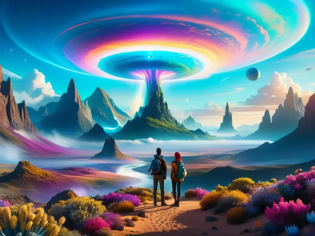 Exploradores interdimensionales maravillados en un paisaje alienígena Un paisaje vibrante y otro mundo con viajeros interdimensionales asombrados