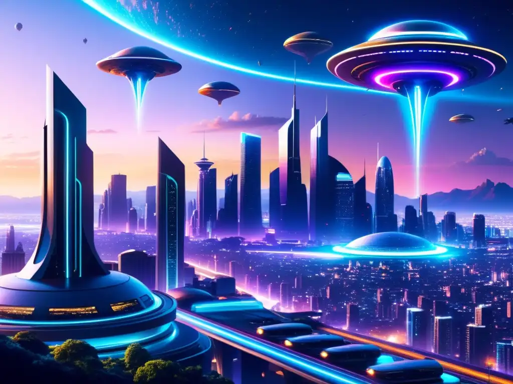 Metrópolis futurista: luces neón y vida alienígena Paisajes sonoros realidad virtual: Futurista ciudad con rascacielos iluminados por neón, autos voladores y un paisaje alienígena luminoso