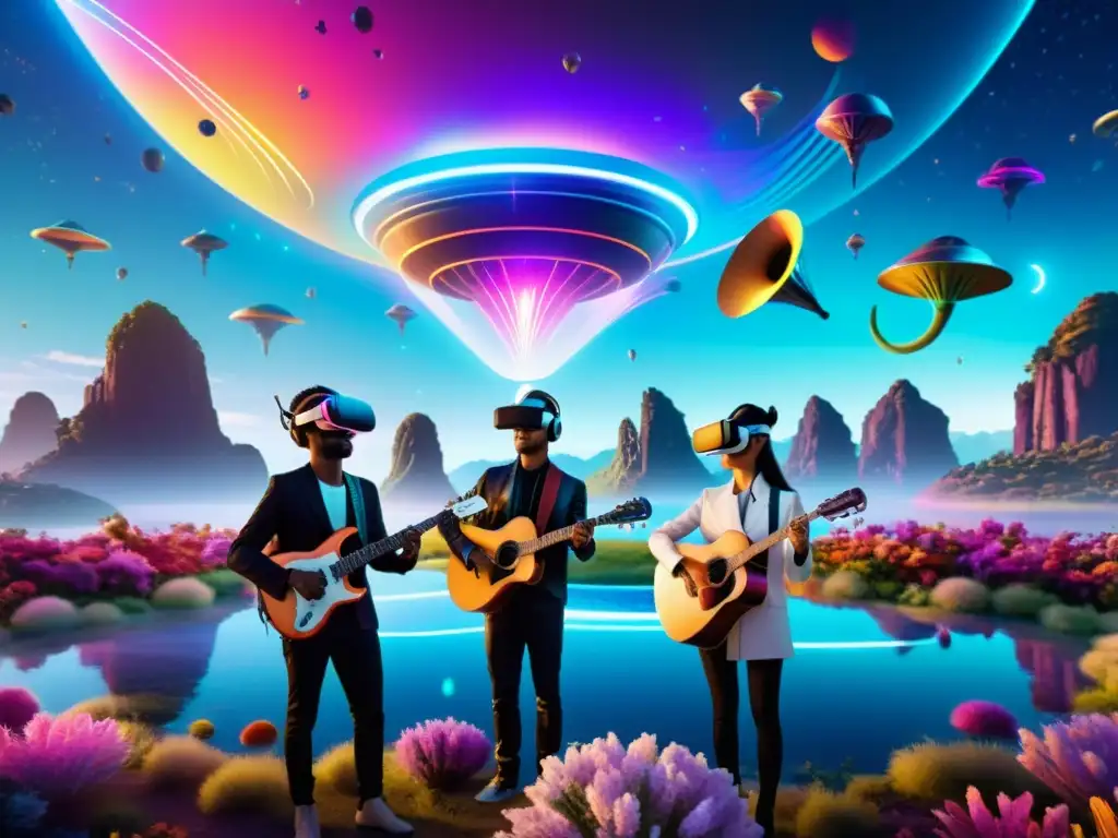 Concierto en Realidad Virtual: Músicos en Mundo Alienígena Paisajes sonoros realidad virtual: Músicos en un mundo alienígena con instrumentos flotantes y auriculares futuristas