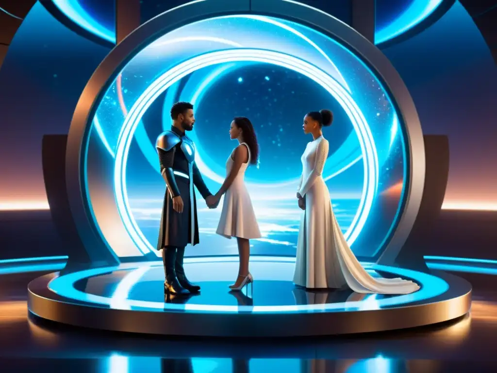 Amor interdimensional: Explorando nuevos mundos Una pareja se encuentra en una plataforma futurista con portales brillantes que llevan a diferentes dimensiones