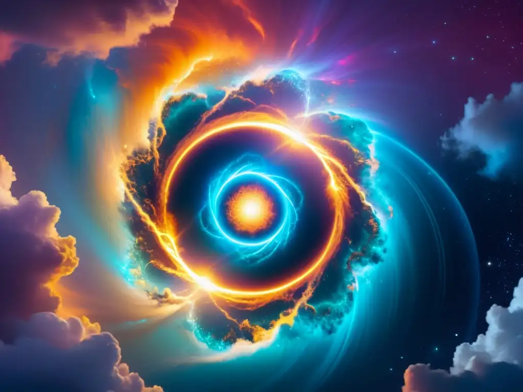 Entrelazamiento Cuántico: Portal Misterioso y Partículas Luminosas Dos partículas cuánticas entrelazadas con energía resplandeciente, en un cosmos de colores vibrantes