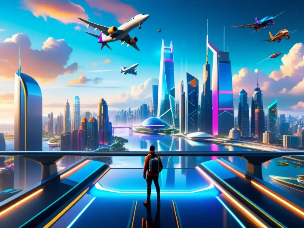 Metrópolis futurista: ciudad vibrante de Marvel Patchwork de Realidades de Marvel: Una ciudad futurista vibrante y bulliciosa, llena de tecnología avanzada y paisajes hipnóticos de colores vibrantes