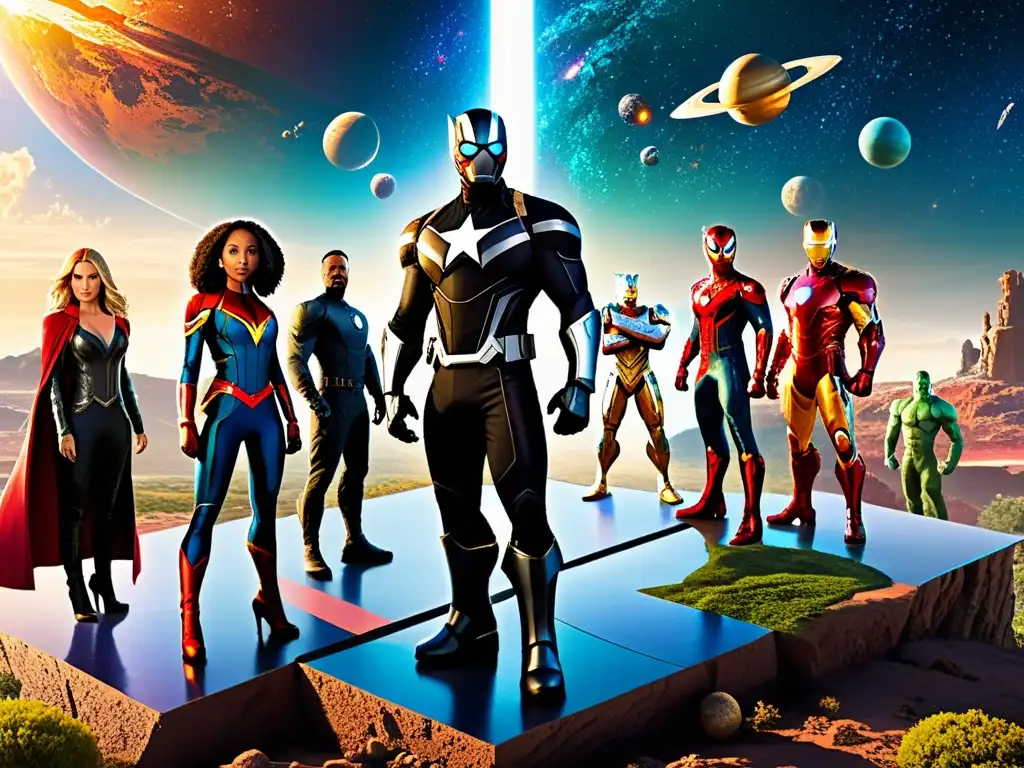 Marvel Multiverso: Héroes en Acción Un Patchwork de Realidades de Marvel cobra vida con vibrantes colores y personajes dinámicos en un paisaje cósmico diverso