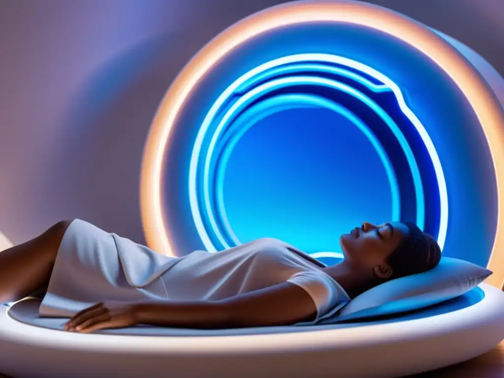 Imagen 8k de persona durmiendo en cama futurista con visualización de múltiples dimensiones Persona durmiendo en una cama futurista con conexiones a la cabeza y cuerpo, con visualización digital de múltiples dimensiones