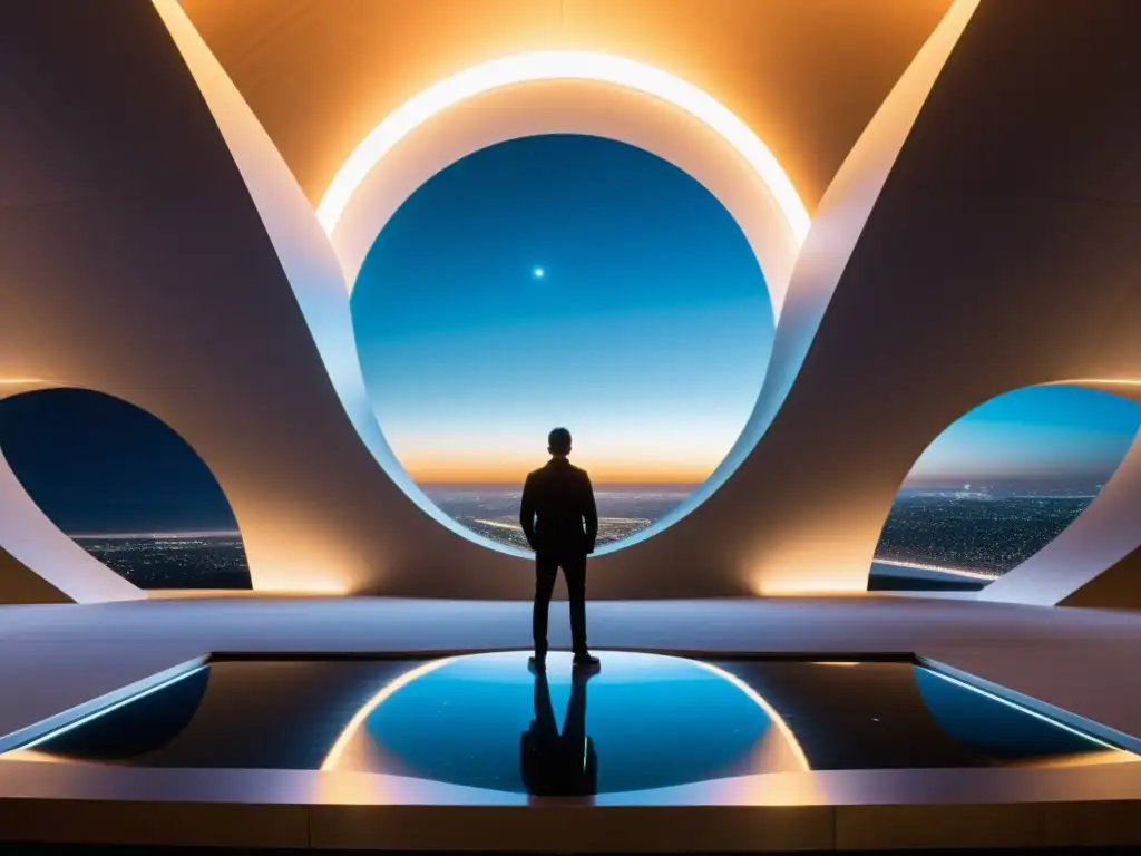Explorando el portal interdimensional Persona contempla portal futurista, reflejando temas de viajes espaciotemporales en la obra de Ted Chiang