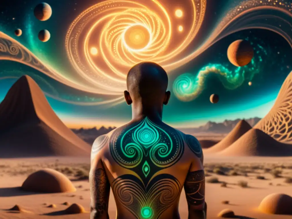 Trascendencia interdimensional: tatuajes luminosos Persona con tatuajes de viajes interdimensionales, mostrando paisajes alienígenas y cuerpos celestes en un brillo etéreo