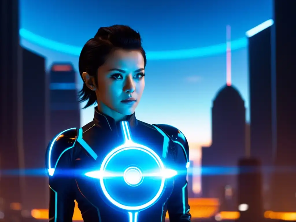 Quorra en la ciudad futurista de TRON: Legacy Quorra, el personaje digital de TRON: Legacy, lista para la acción en un futurista paisaje urbano iluminado