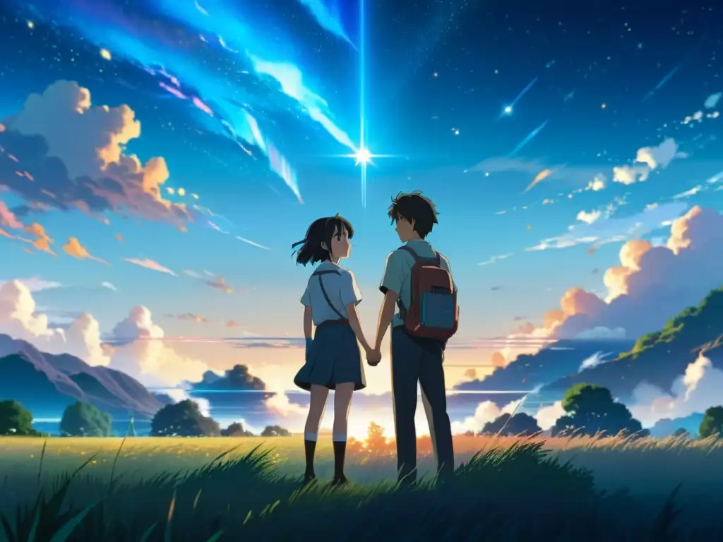 Tu Nombre: Amor en Doble Atardecer Dos personajes principales de 'Your Name' en un campo al atardecer con una doble puesta de sol, estrellas brillantes y aurora boreal