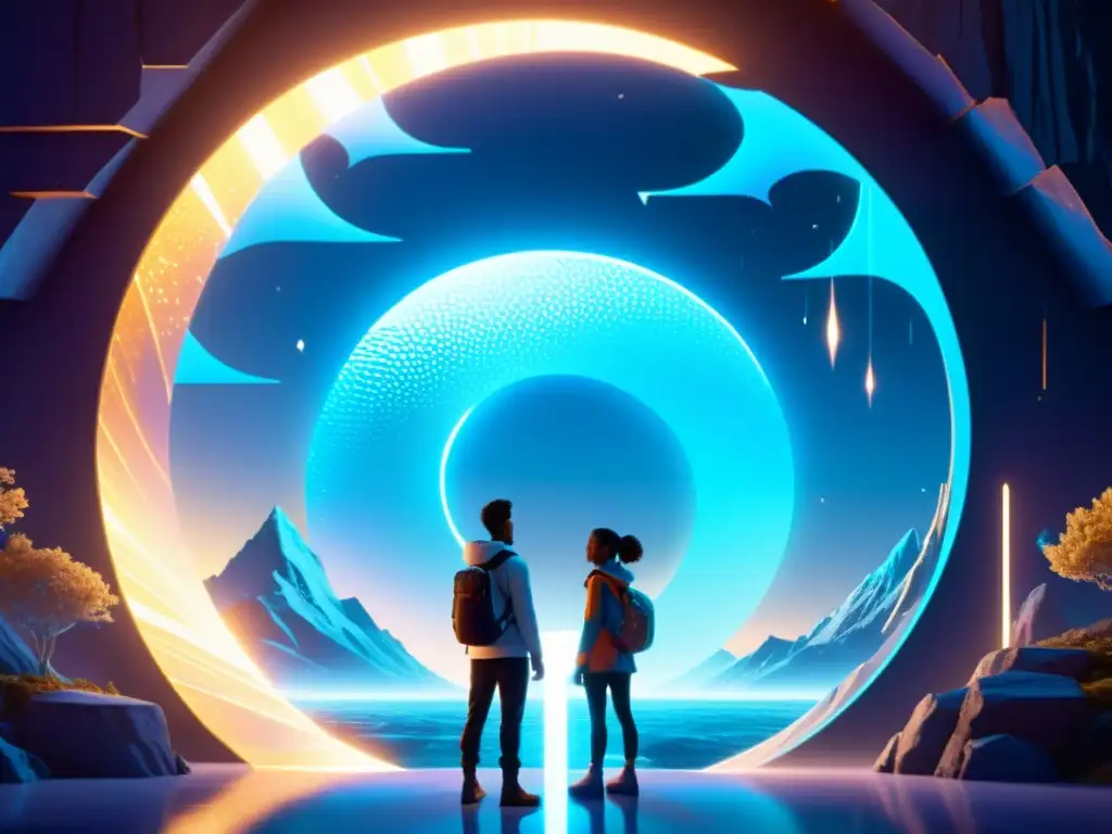 Explorando Mundos Paralelos: Detalles 8K de 'Sliders' Los personajes de 'Sliders' frente a un portal, listos para viajes interdimensionales en la serie 'Sliders'