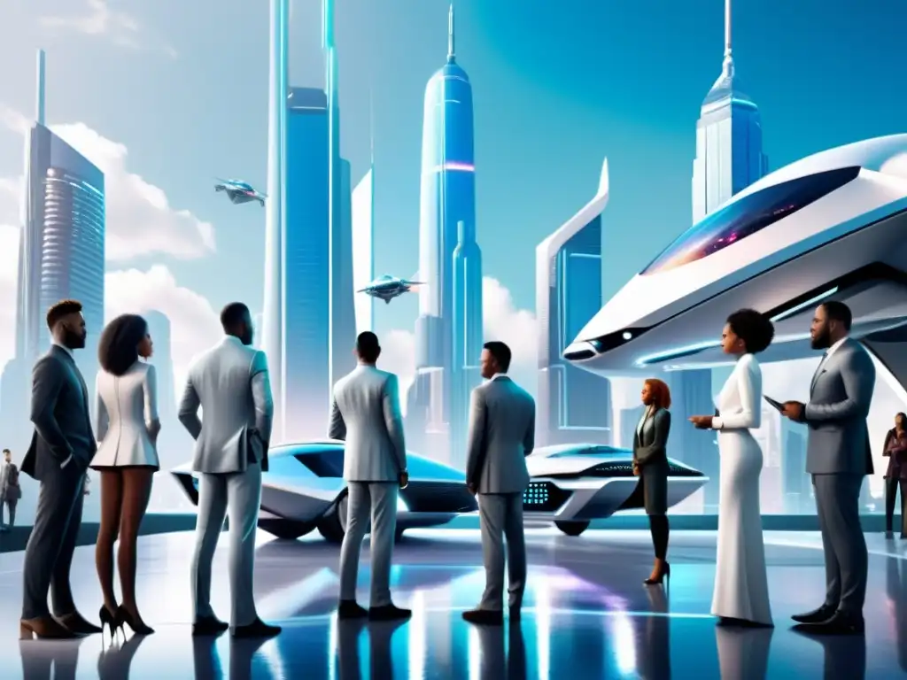 Encuentro en la Ciudad Futurista: Tecnología y Cultura Personas en la ciudad futurista con tecnología holográfica, reflejando la dualidad cultural