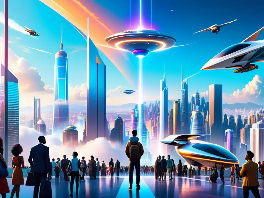 Maravilla urbana: impacto del viaje interdimensional Personas impactadas por viajes interdimensionales en sociedad futurista