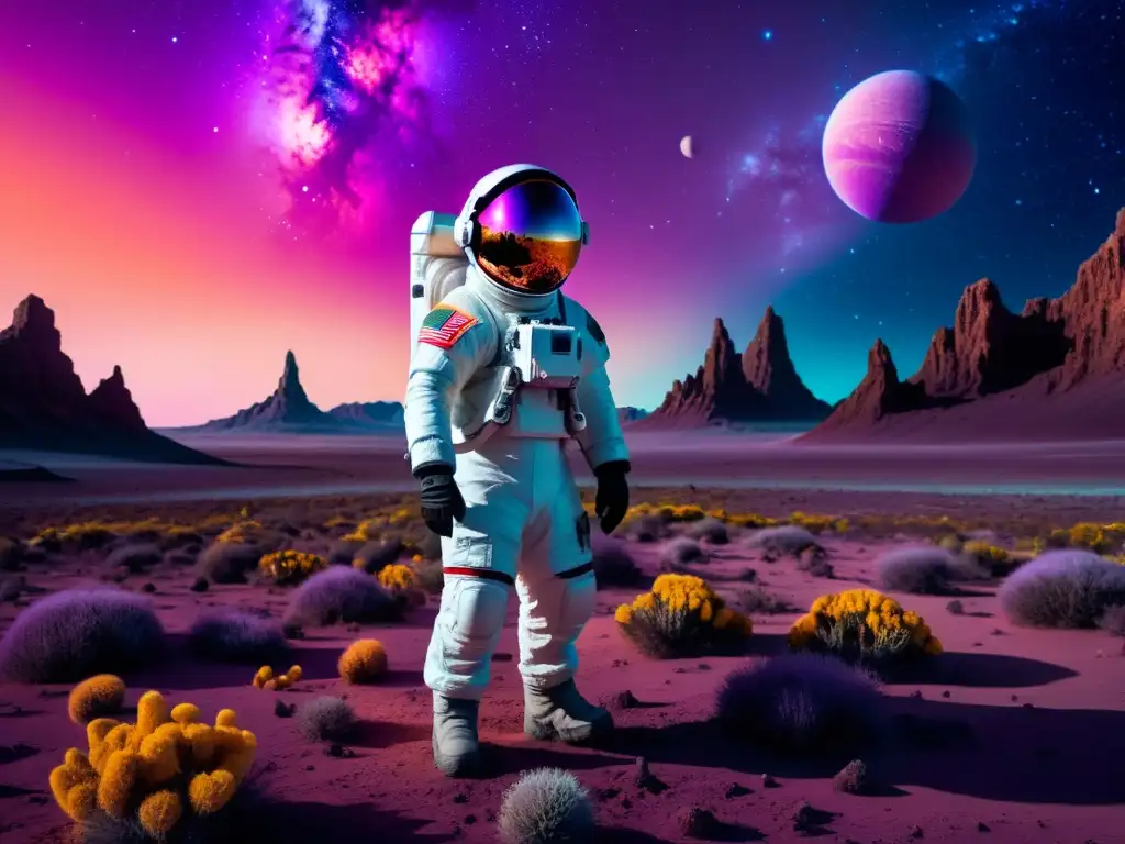 Explorador espacial entre flora alienígena y galaxias distantes Exploración en un planeta alienígena con realidades múltiples viajes interdimensionales