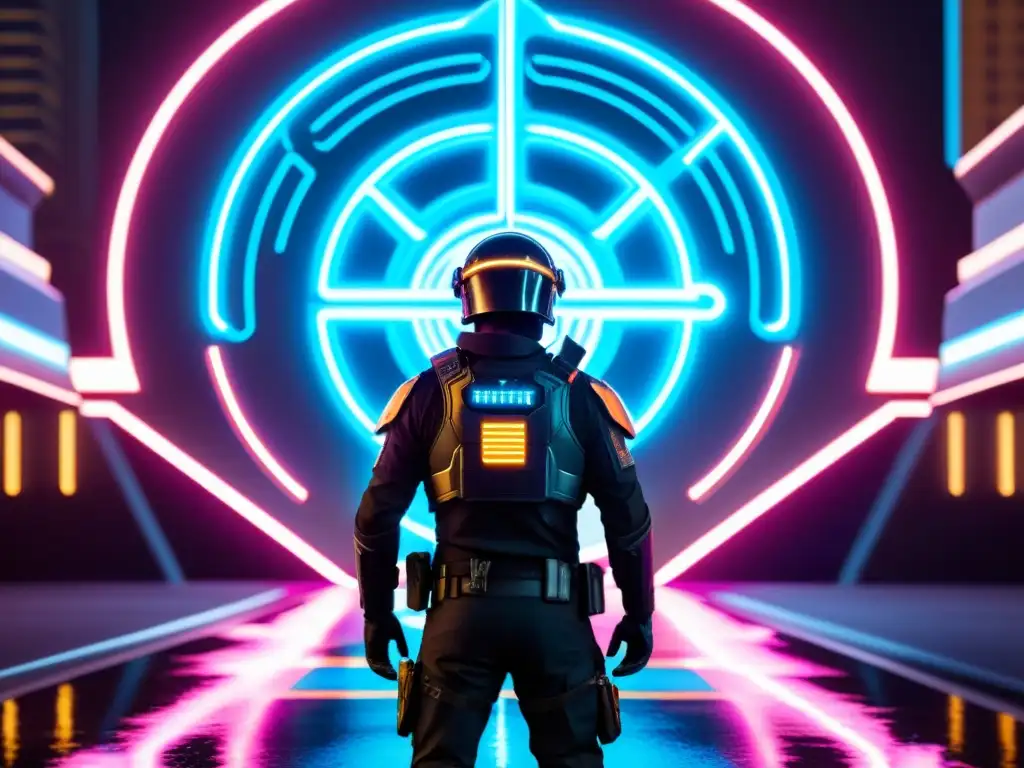 Metrópolis futurista: policía armado frente a portales de energía Un policía temporal en viajes interdimensionales protege una ciudad futurista llena de energía y luces de neón