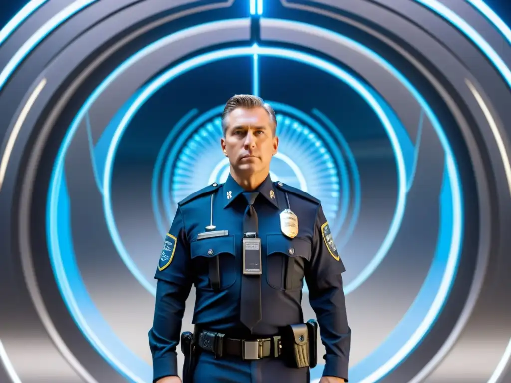 Guardián del tiempo: atravesando dimensiones Un policía temporal en viajes interdimensionales se prepara para cruzar un portal de energía, con un uniforme futurista y determinación en su rostro