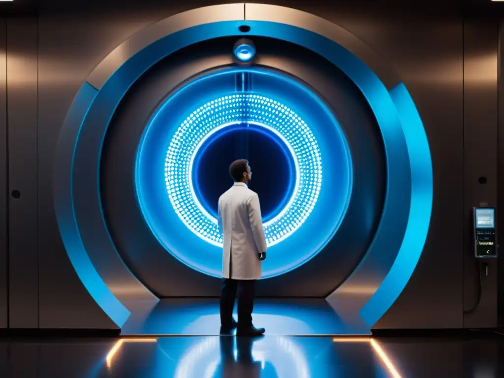 Portal temporal: descubriendo el viaje en el tiempo Un portal brillante rodeado de anillos metálicos, con energía azul, en un laboratorio